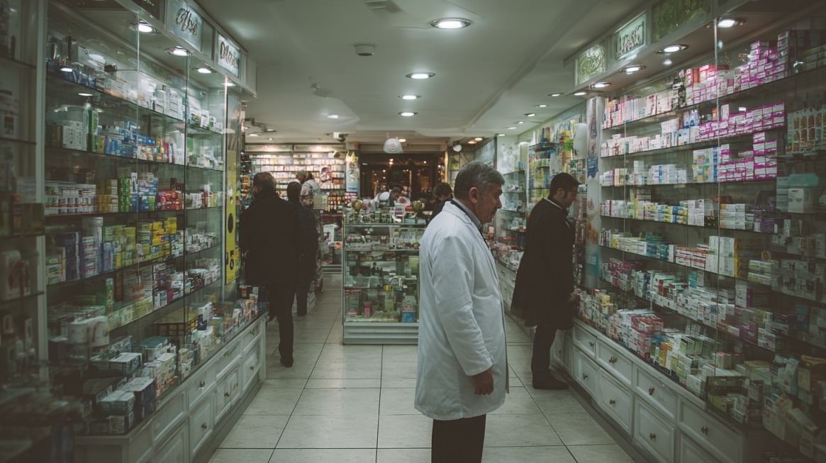 Unutrašnjost apoteke sa farmaceutom u belom mantilu i policama punim lekova