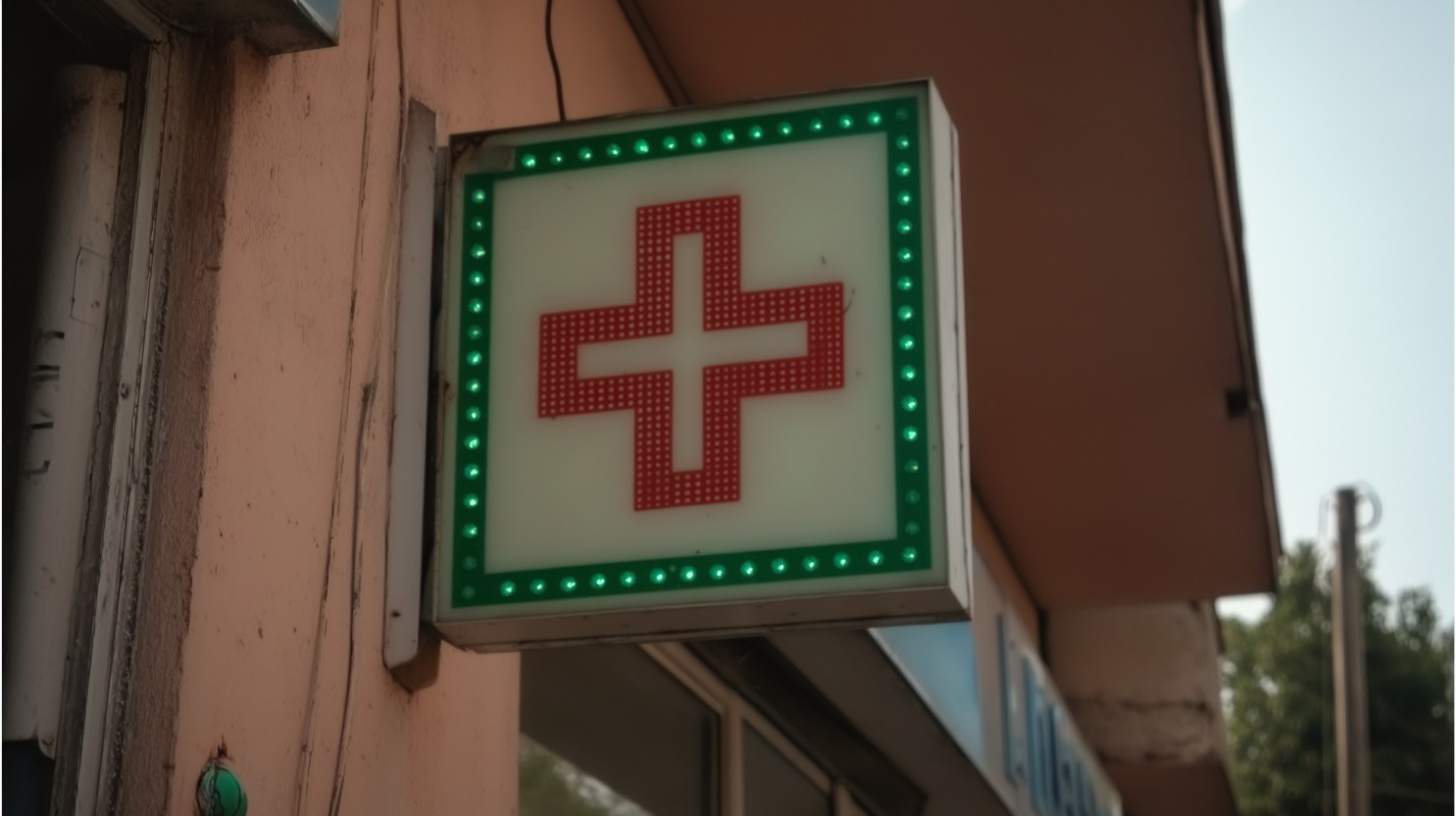 Zeleni svetleći znak apoteke sa crvenim krstom postavljen na fasadi zgrade