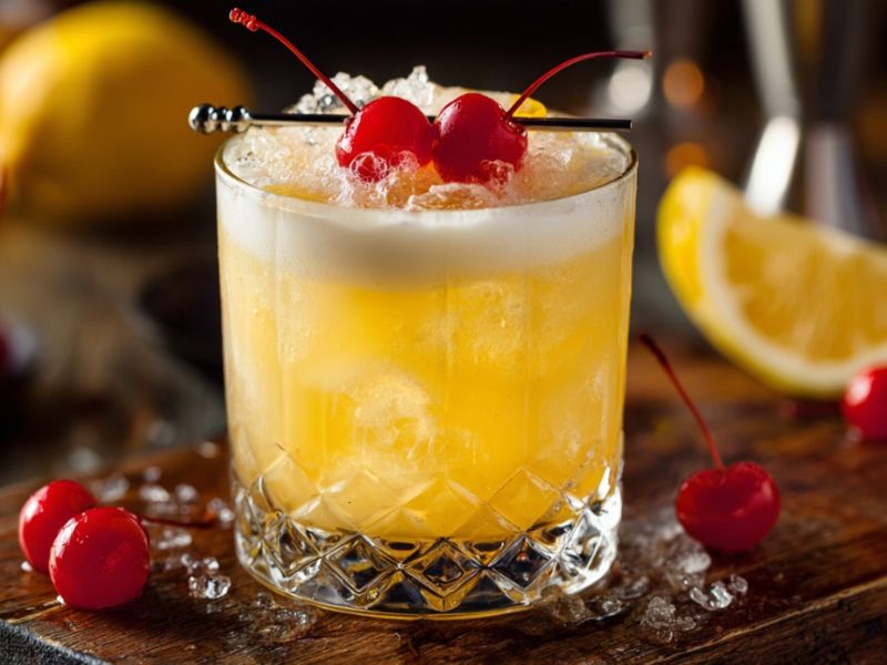 Whiskey Sour u kristalnoj čaši sa višnjama pored