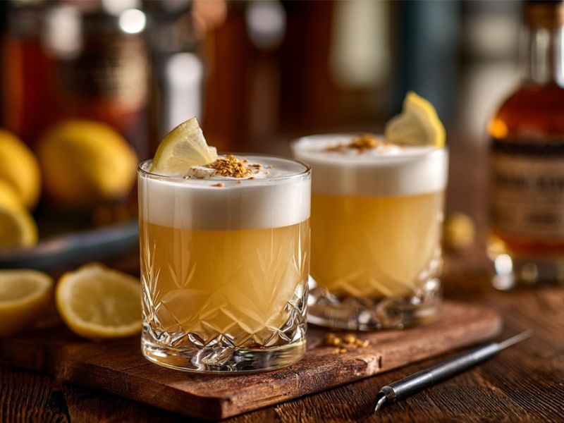 Dve čaše napravljenog Whiskey Sour-a na drvenom stolu