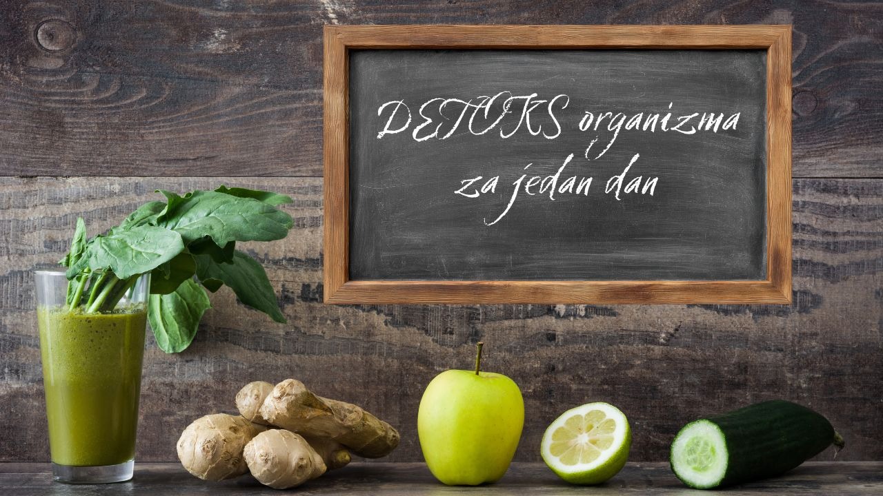 prikaz detoks soka, tabele na kojoj piše detoks sok i čaše sa sokom, pored je jabuka, krastavac, limun..