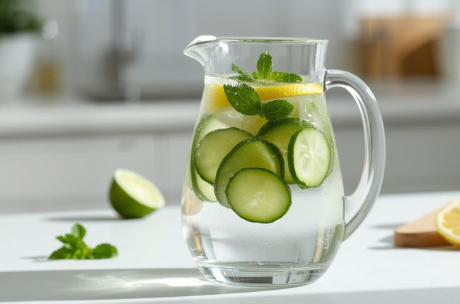 Detoks voda sa krastavcem, limunom i listovima nane u staklenom bokalu.