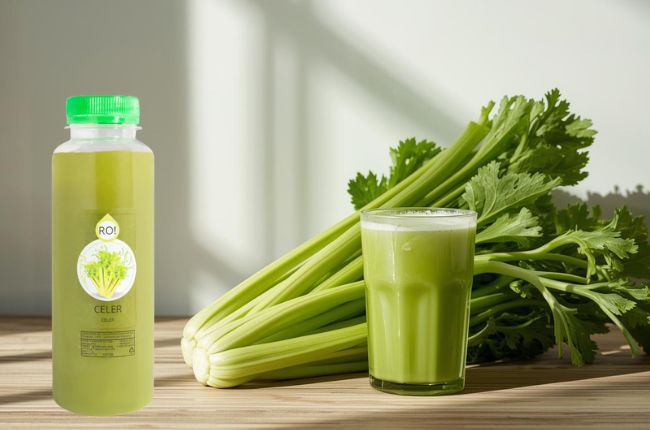 Sok od celera na stolu, flašica RO soka i čaša ceđenog soka 