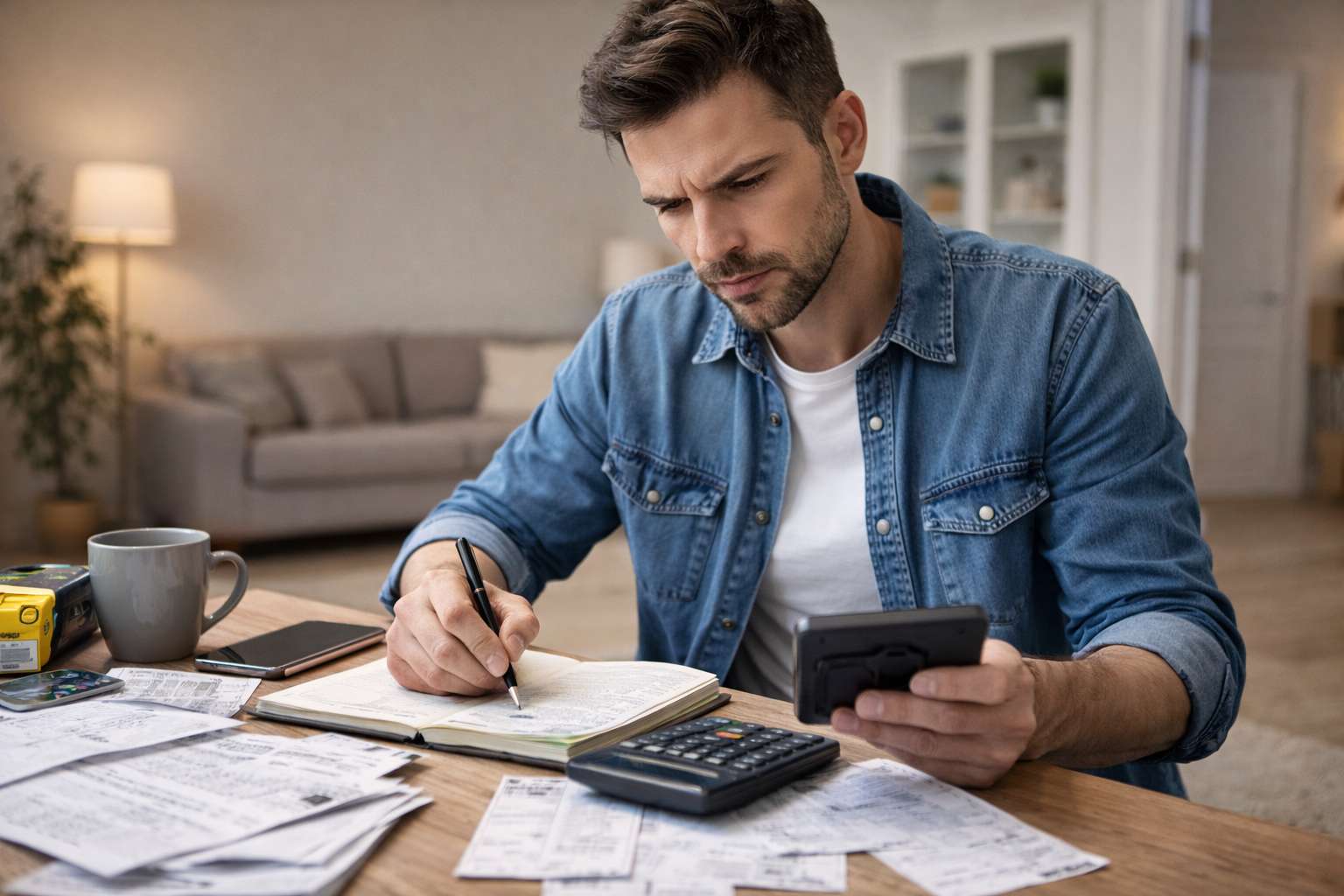 Covek u dnevnoj sobi racuna troskove renoviranja kupatila