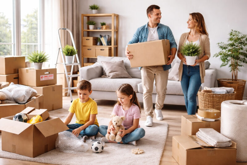 Porodica sa decom raspakuje kutije i unosi stvari tokom useljenja u novu kuću
