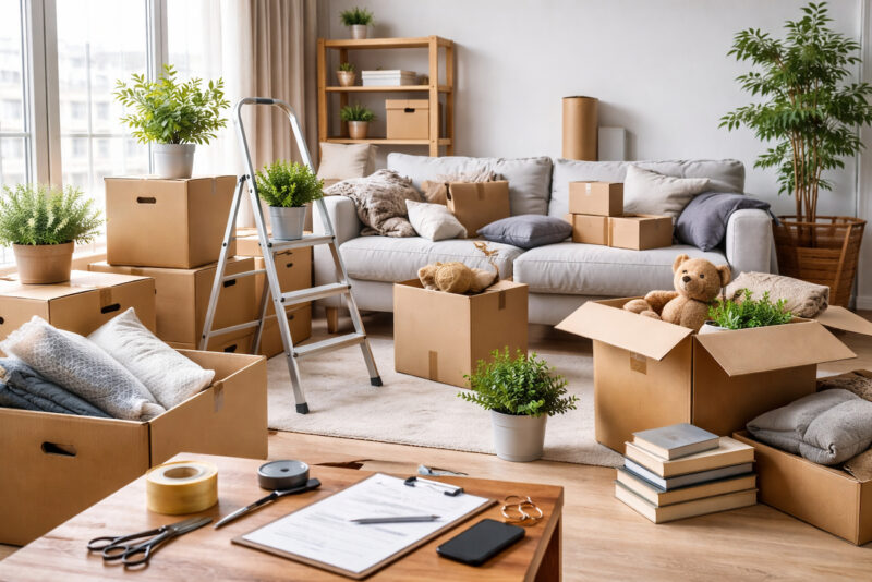 Dnevna soba sa kartonskim kutijama, merdevinama, biljkama i stvarima spremnim za pakovanje tokom pripreme za selidbu stana