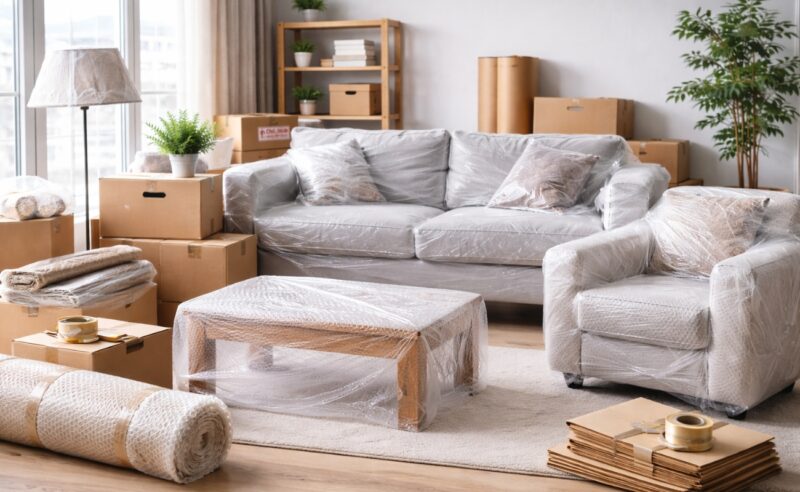 Kartonske kutije za selidbu označene natpisima kuhinja, spavaća soba, kupatilo, dnevna soba i lomljivo u dnevnoj sobi spremnoj za preseljenje