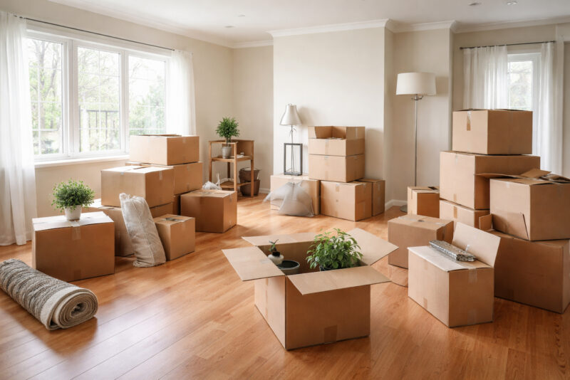 Prazna dnevna soba sa kartonskim kutijama tokom selidbe u kući sa drvenim podom i velikim prozorima