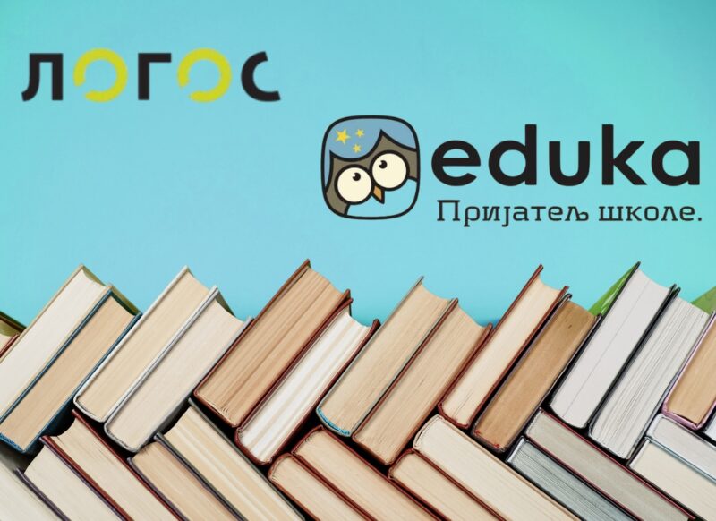 logo logosa i eduke izdavačke kuće sa knjigama u pozadini