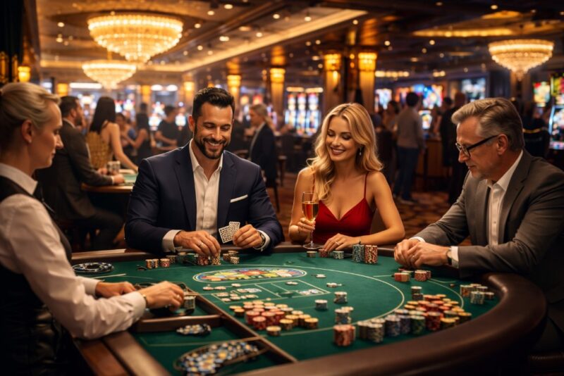 Grupa elegantno obučenih ljudi igra poker za stolom u luksuznom kazinu sa svetlima i slot aparatima u pozadini