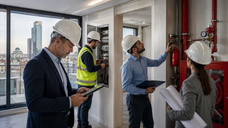 Komisija za tehnički pregled proverava instalacije, stabilnost i bezbednost novoizgrađenog objekta u Beogradu.