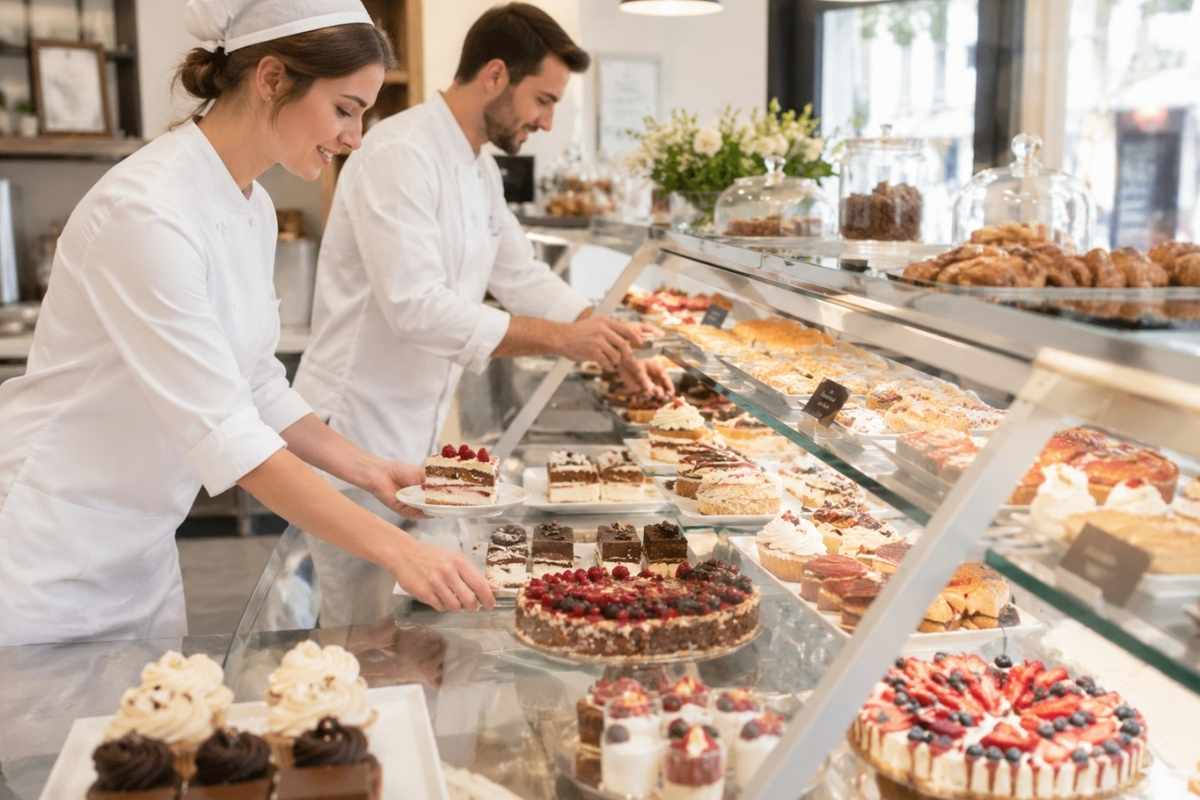Pekari u poslastičarnici pažljivo ređaju kolače i torte u osvetljenoj staklenoj vitrini.
