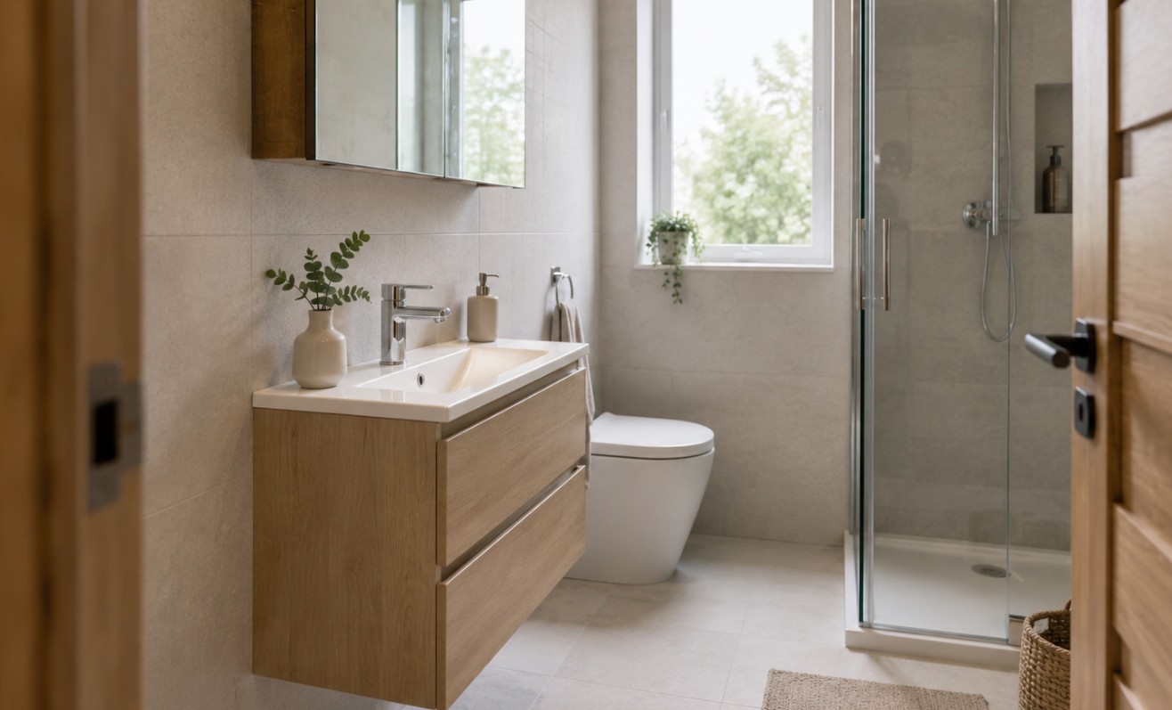 Plitki zidni lavabo sa ormarićem na fioke u malom kupatilu, uz tuš kabinu i dovoljno prostora za prolaz