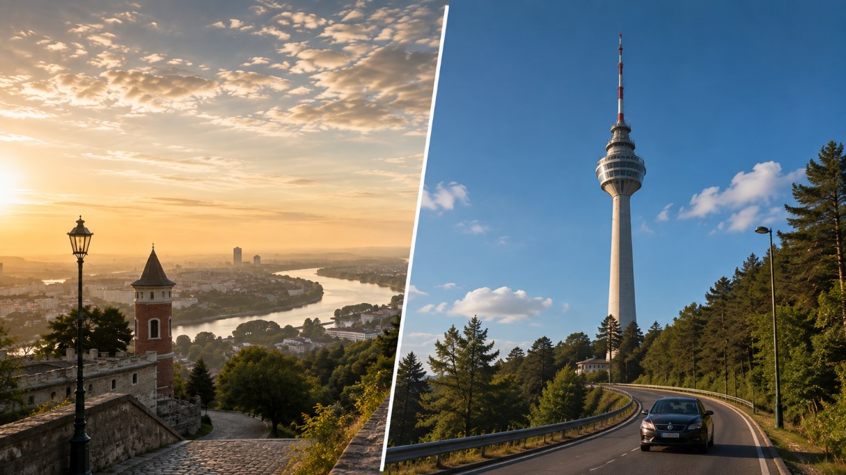 Automobil na putu između Zemuna i Avale uz pogled na Dunav i Avalski toranj