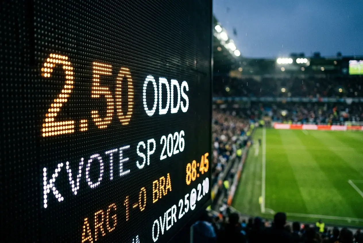 Ekran sa fudbalskim kvotama pored terena tokom utakmice, sa prikazom ponude za Mundijal 2026