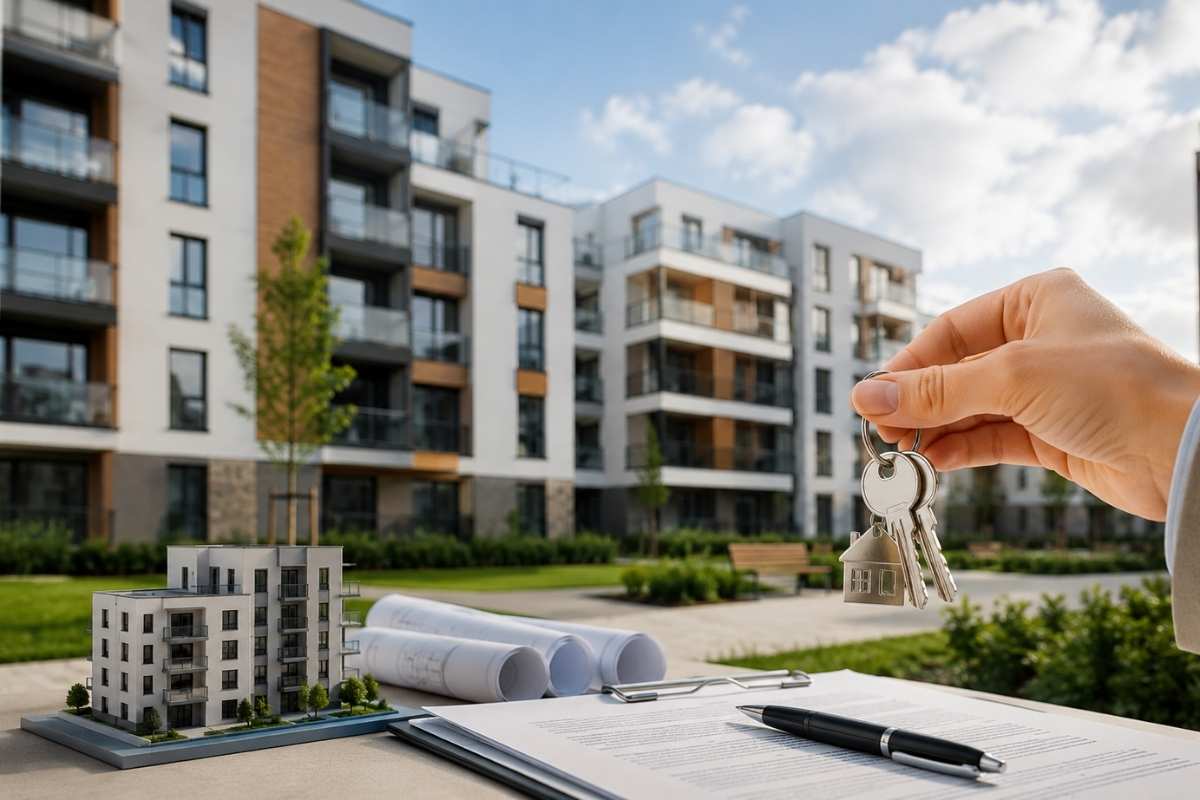 Kupovina stana u novogradnji uz dokumentaciju, ključeve i prikaz modernog stambenog kompleksa.