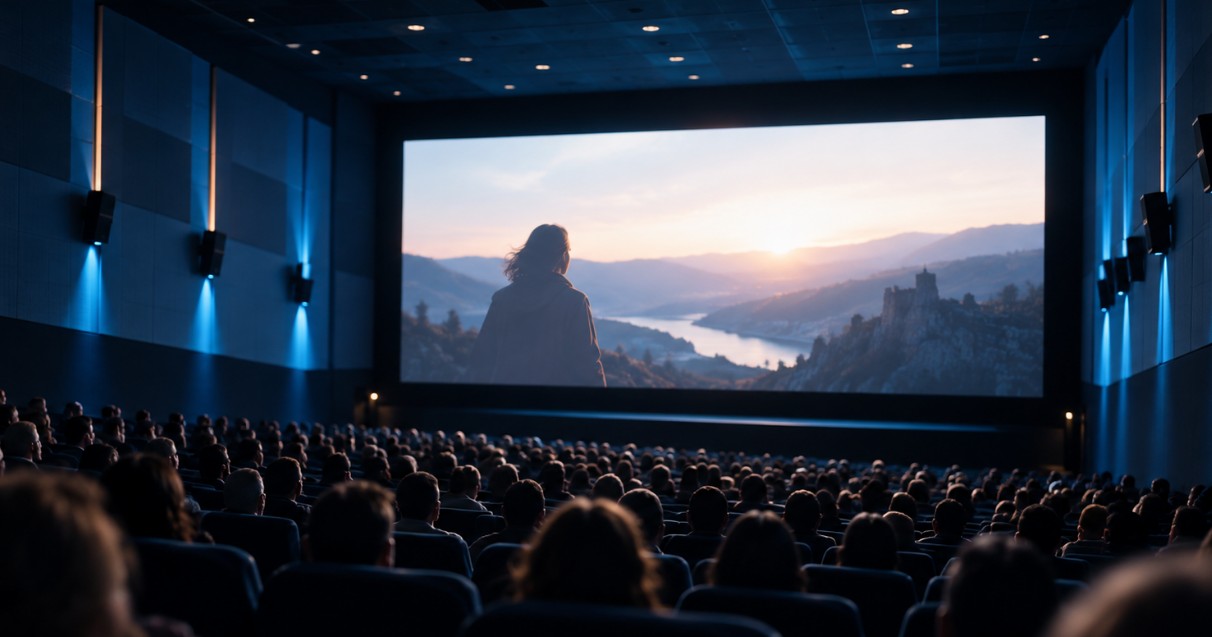 Publika sedi u bioskopskoj sali i gleda film na velikom platnu osvetljenom plavičastim ambijentalnim svetlom