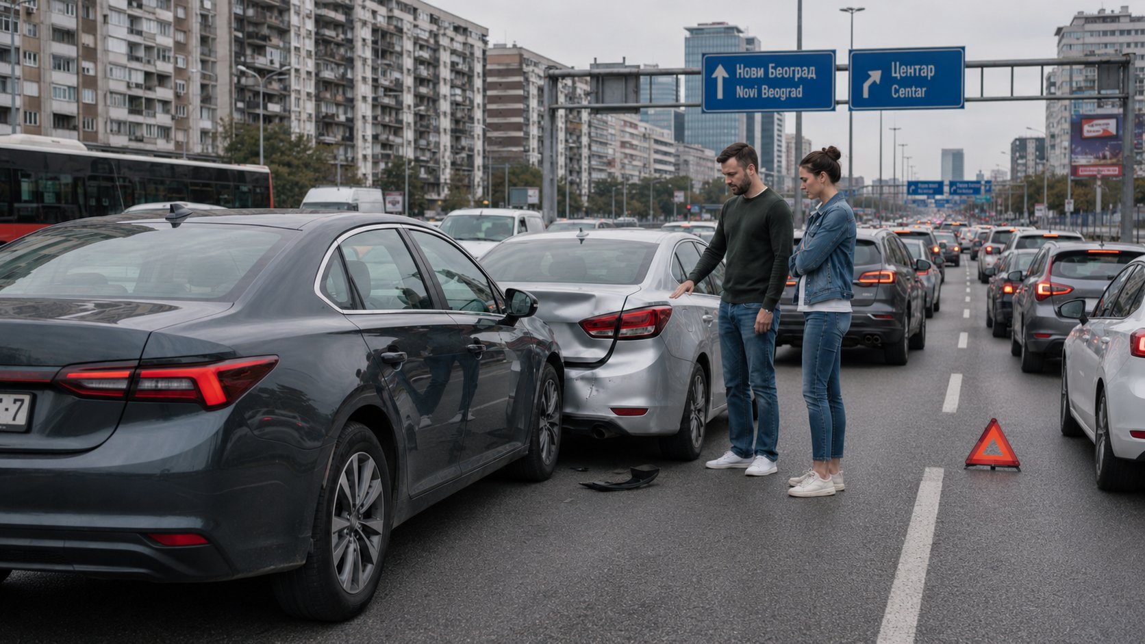 Vozači pored oštećenih automobila nakon manje saobraćajne nezgode u gradskoj gužvi u Beogradu.