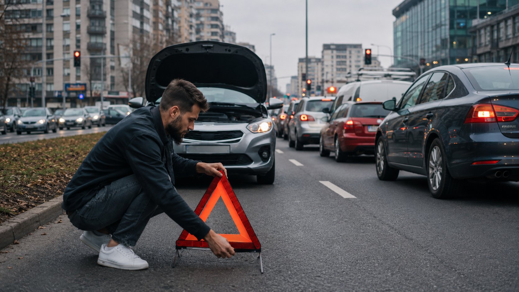 Vozač postavlja sigurnosni trougao ispred pokvarenog automobila u gradskoj gužvi.