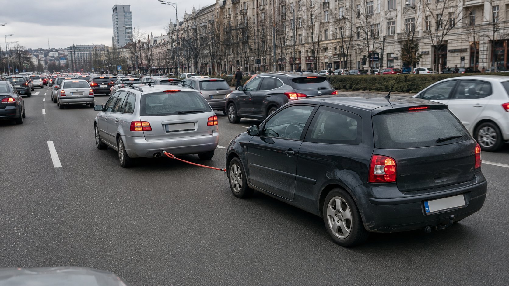 Jedan automobil vuče drugi užetom kroz gustu gradsku gužvu