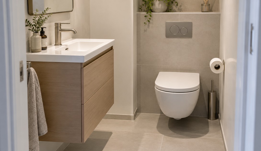 Malo kupatilo sa plićim lavaboom sa ormarićem, visećom WC šoljom i slobodnim prolazom ispred sanitarija u svetlim neutralnim tonovima